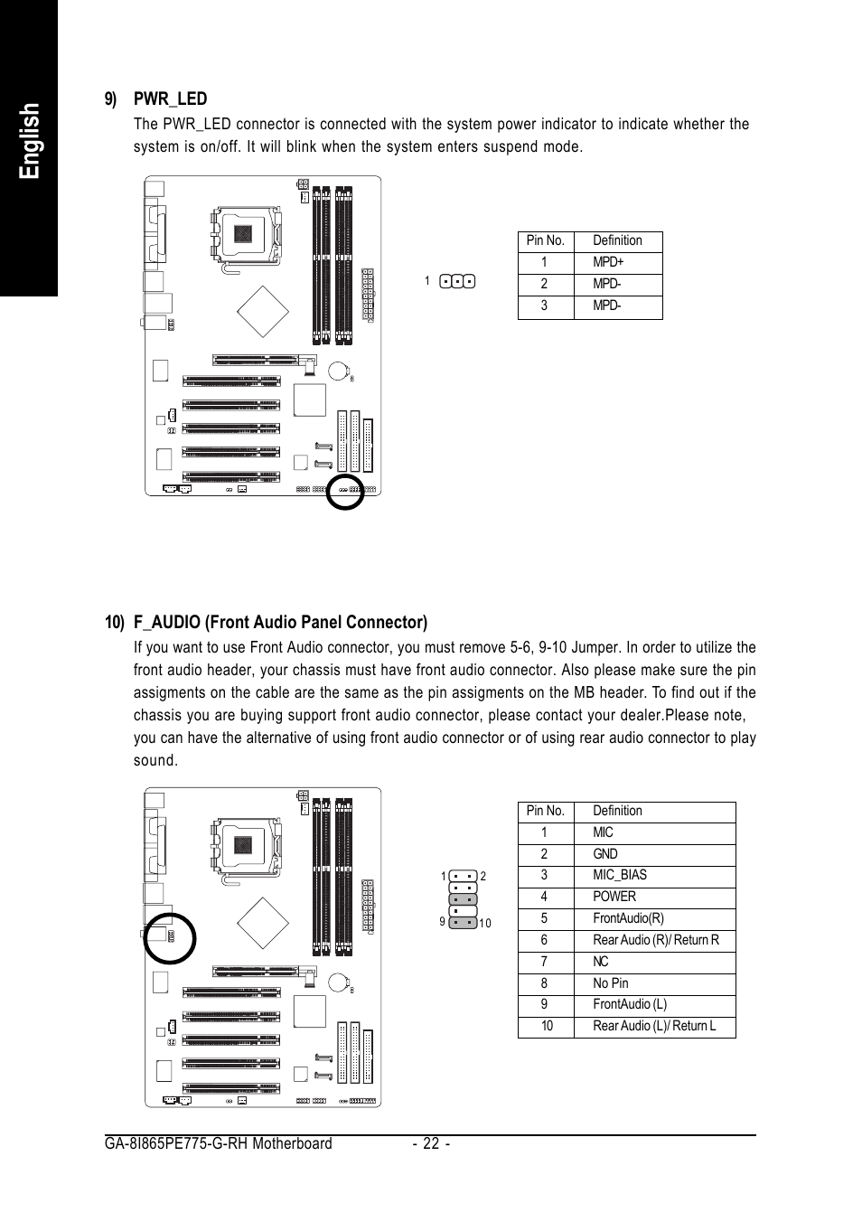 English, 9) pwr_led, 10) f_audio (front audio panel connector) | GIGABYTE GA-8I865PE775-G-RH User Manual | Page 22 / 72