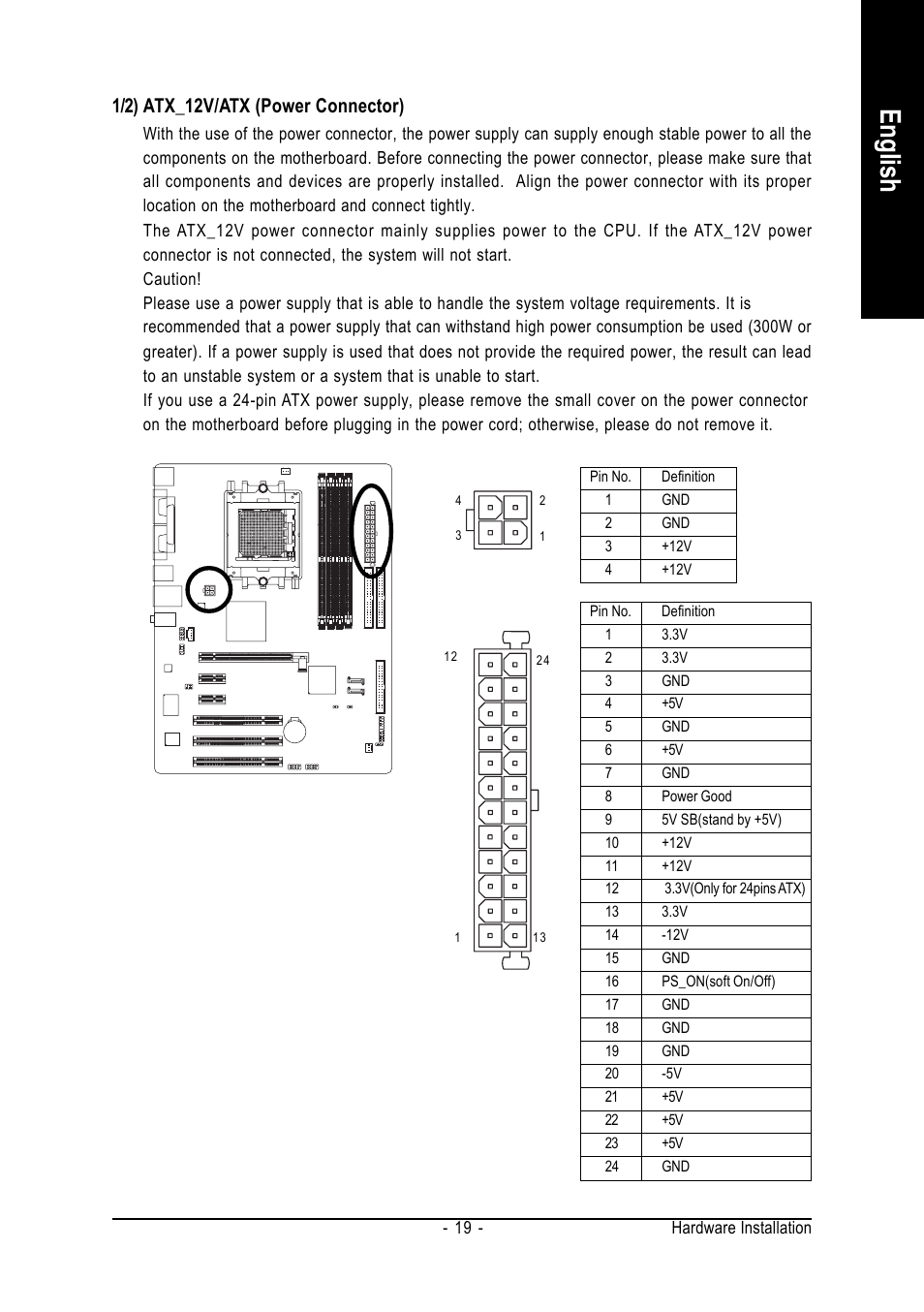 English, 1/2) atx_12v/atx (power connector) | GIGABYTE AMD Socket 939 Processor Motherboard GA-K8VT890-9 User Manual | Page 19 / 80