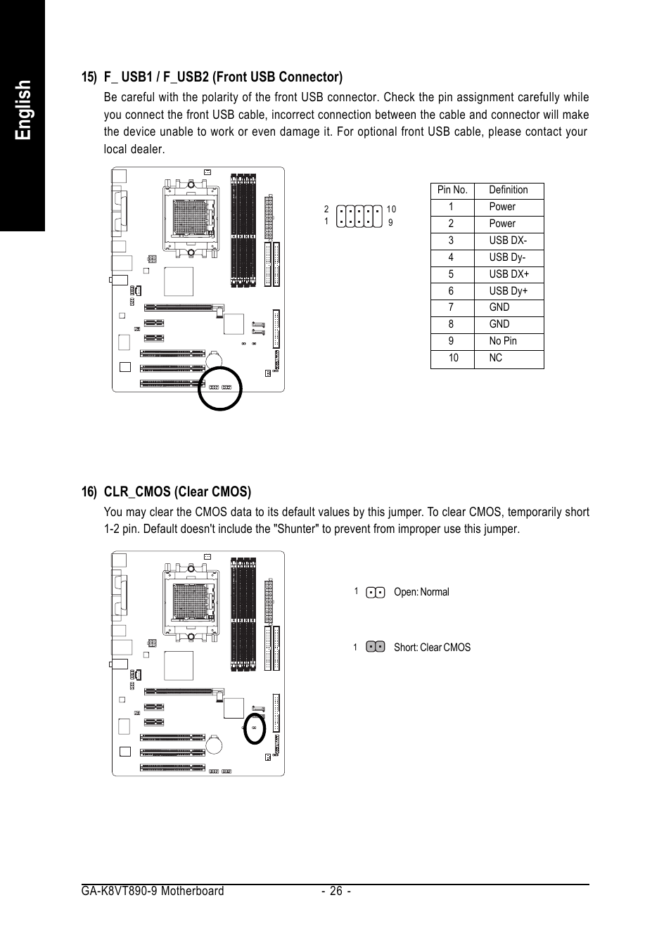 English, 15) f_ usb1 / f_usb2 (front usb connector), 16) clr_cmos (clear cmos) | GIGABYTE AMD Socket 939 Processor Motherboard GA-K8VT890-9 User Manual | Page 26 / 80