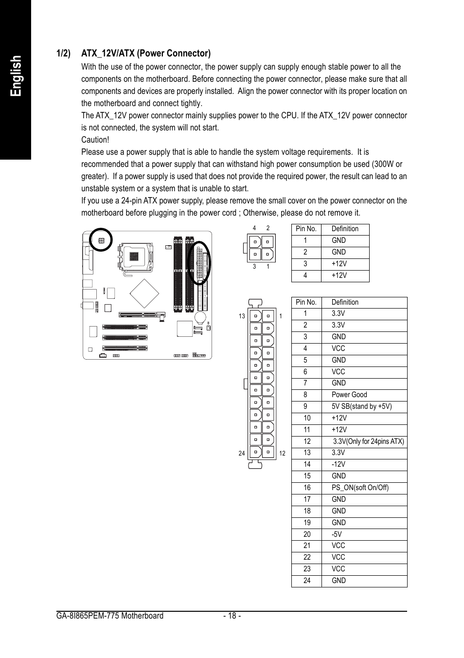 English, 1/2) atx_12v/atx (power connector) | GIGABYTE GA-8I865PEM-775 User Manual | Page 18 / 72