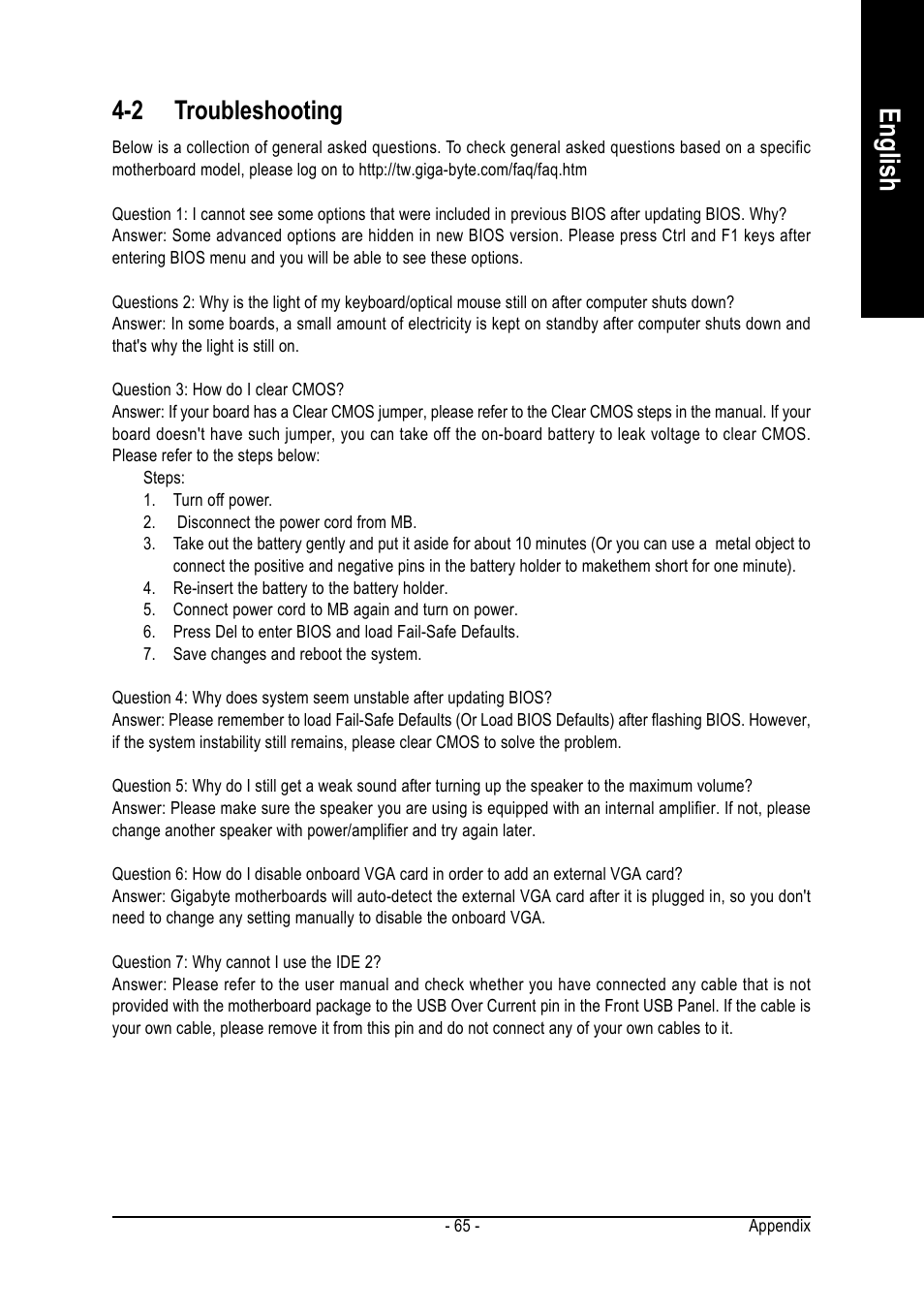 English, 2 troubleshooting | GIGABYTE GA-8I865PEM-775 User Manual | Page 65 / 72