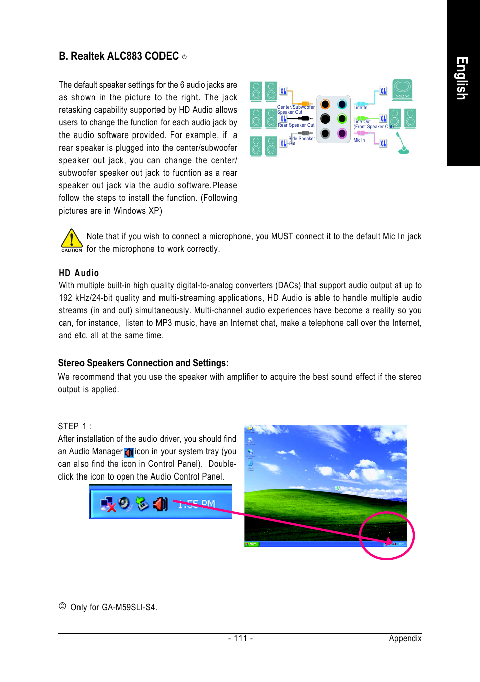 English, B. realtek alc883 codec, Stereo speakers connection and settings | GIGABYTE AMD Socket AM2 Processor Motherboard GA-M59SLI-S5 User Manual | Page 111 / 120