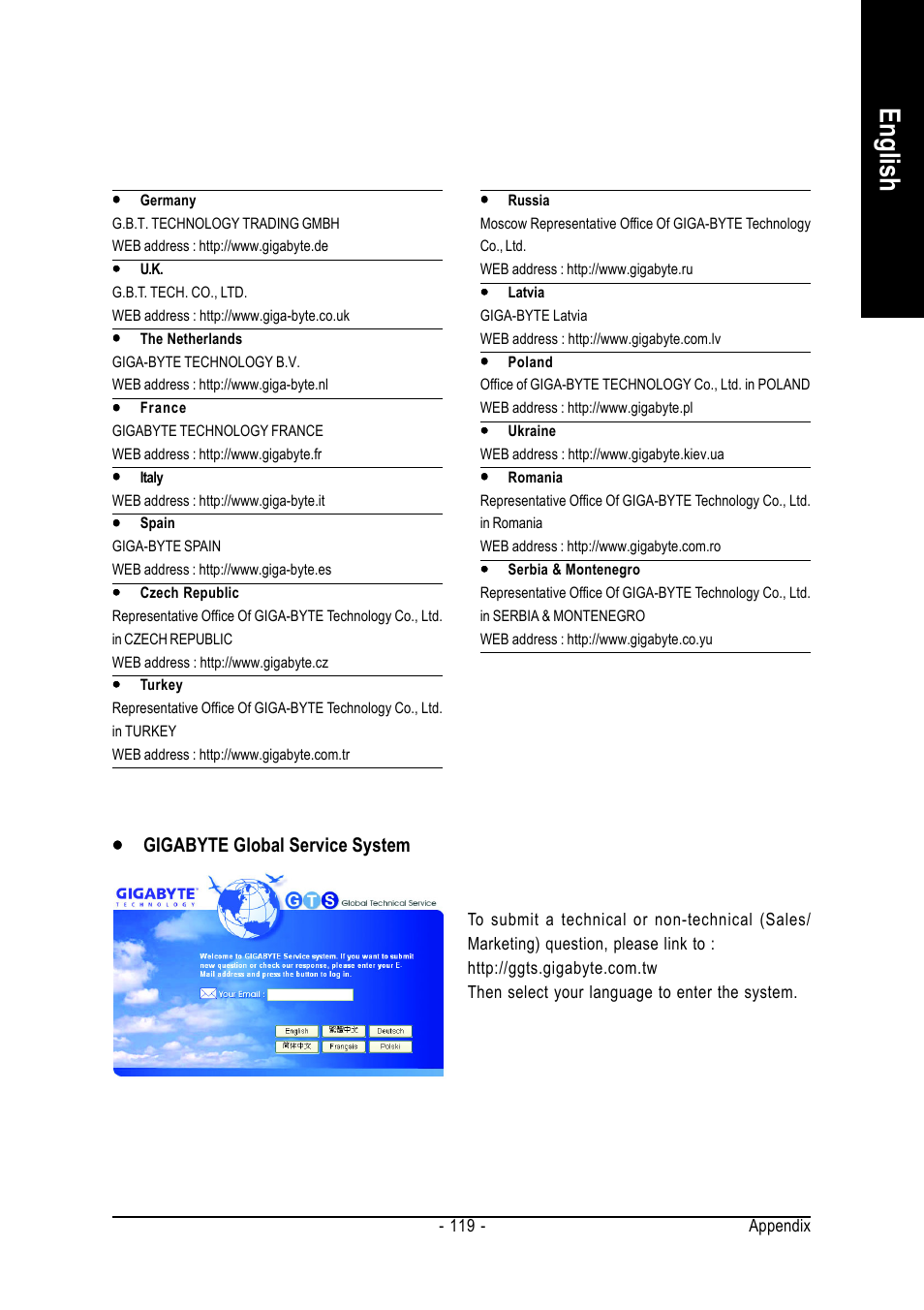 English, Yyy y y gigabyte global service system | GIGABYTE AMD Socket AM2 Processor Motherboard GA-M59SLI-S5 User Manual | Page 119 / 120