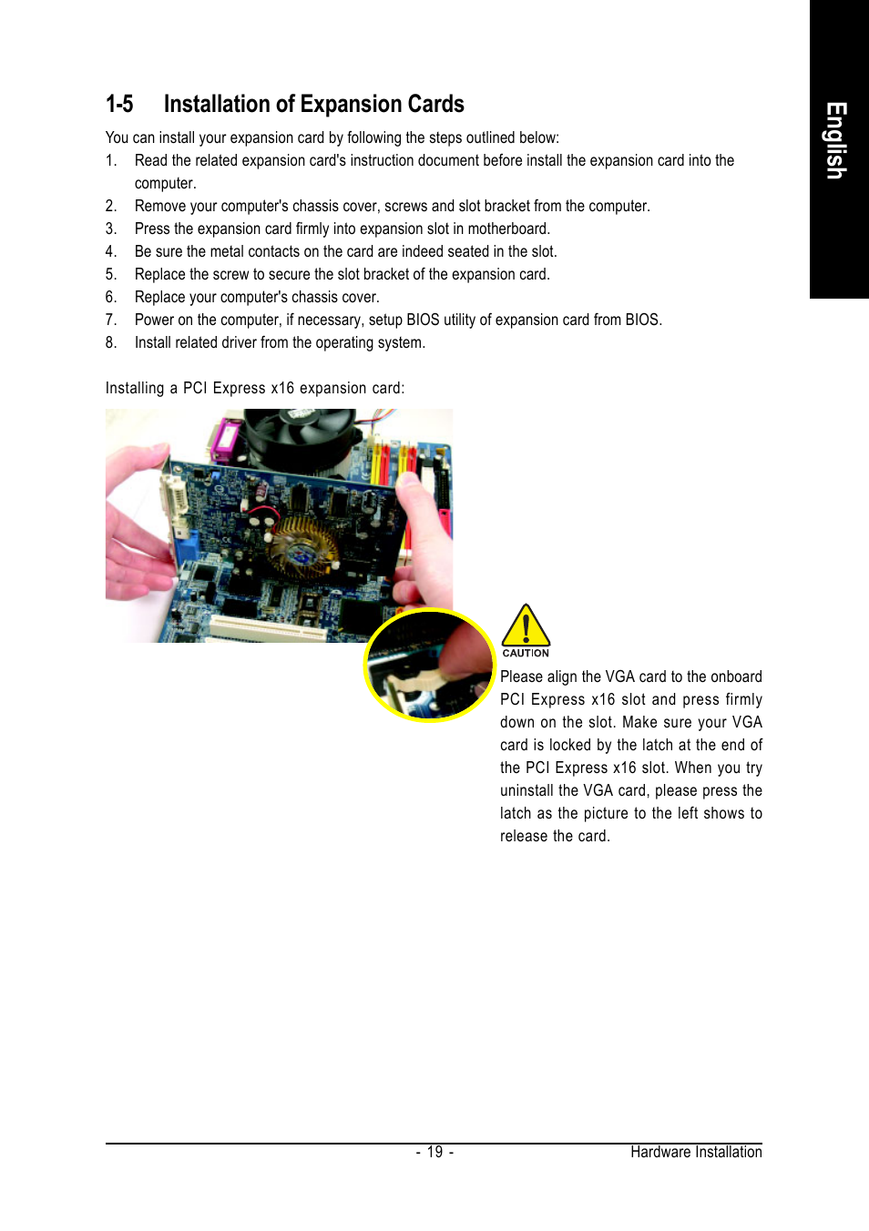 English, 5 installation of expansion cards | GIGABYTE AMD Socket AM2 Processor Motherboard GA-M59SLI-S5 User Manual | Page 19 / 120