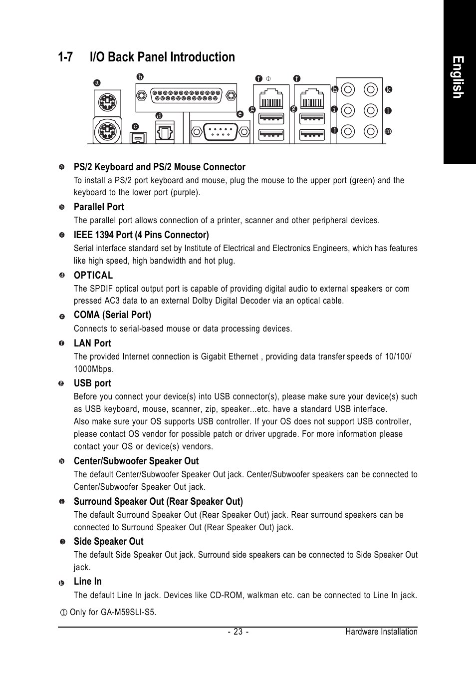 English, 7 i/o back panel introduction | GIGABYTE AMD Socket AM2 Processor Motherboard GA-M59SLI-S5 User Manual | Page 23 / 120