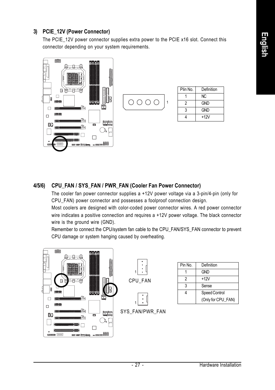 English, 3) pcie_12v (power connector) | GIGABYTE AMD Socket AM2 Processor Motherboard GA-M59SLI-S5 User Manual | Page 27 / 120