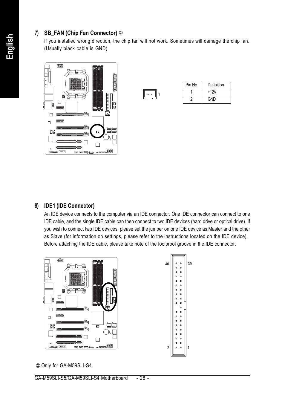 English, 8) ide1 (ide connector), 7) sb_fan (chip fan connector) | GIGABYTE AMD Socket AM2 Processor Motherboard GA-M59SLI-S5 User Manual | Page 28 / 120