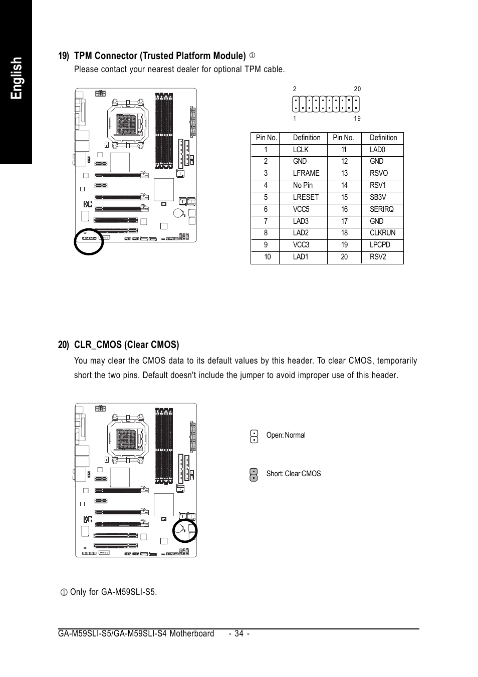English, 20) clr_cmos (clear cmos), 19) tpm connector (trusted platform module) | GIGABYTE AMD Socket AM2 Processor Motherboard GA-M59SLI-S5 User Manual | Page 34 / 120