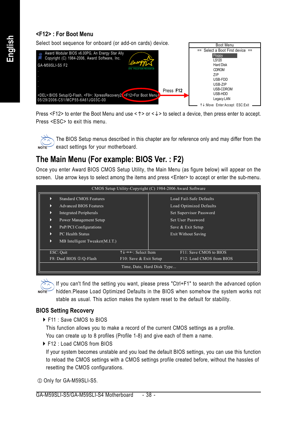 English, The main menu (for example: bios ver. : f2), F12> : for boot menu | Bios setting recovery | GIGABYTE AMD Socket AM2 Processor Motherboard GA-M59SLI-S5 User Manual | Page 38 / 120