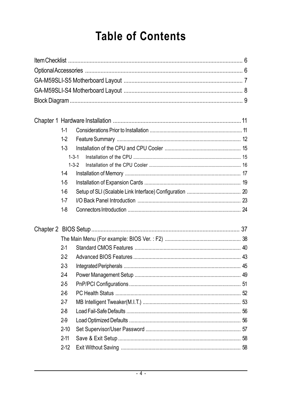 GIGABYTE AMD Socket AM2 Processor Motherboard GA-M59SLI-S5 User Manual | Page 4 / 120