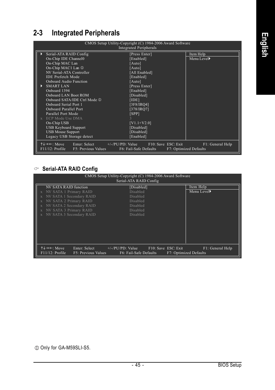 English, 3 integrated peripherals, Serial-ata raid config | Bios setup - 45, Only for ga-m59sli-s5 | GIGABYTE AMD Socket AM2 Processor Motherboard GA-M59SLI-S5 User Manual | Page 45 / 120