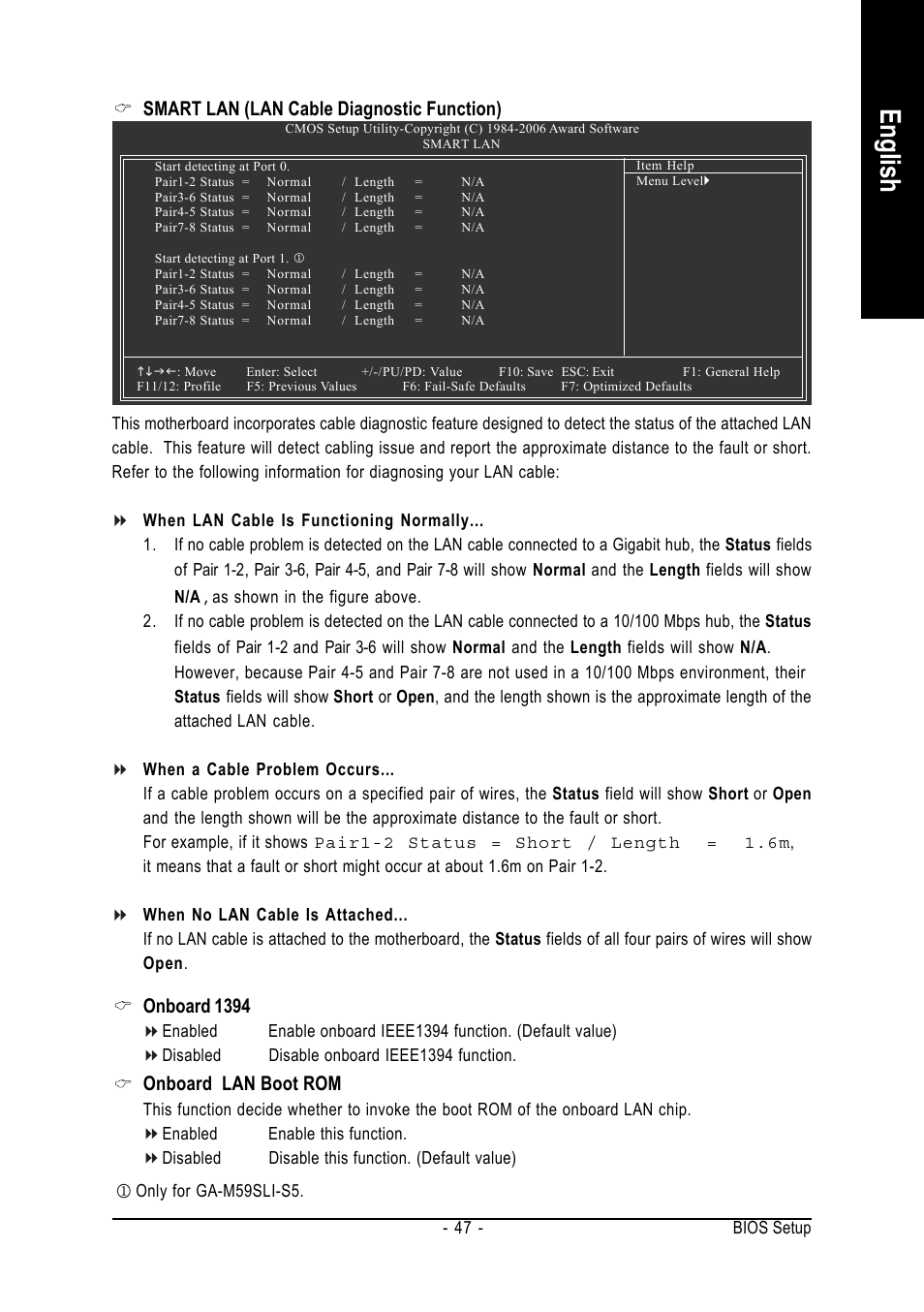 English, Onboard 1394, Onboard lan boot rom | Smart lan (lan cable diagnostic function) | GIGABYTE AMD Socket AM2 Processor Motherboard GA-M59SLI-S5 User Manual | Page 47 / 120