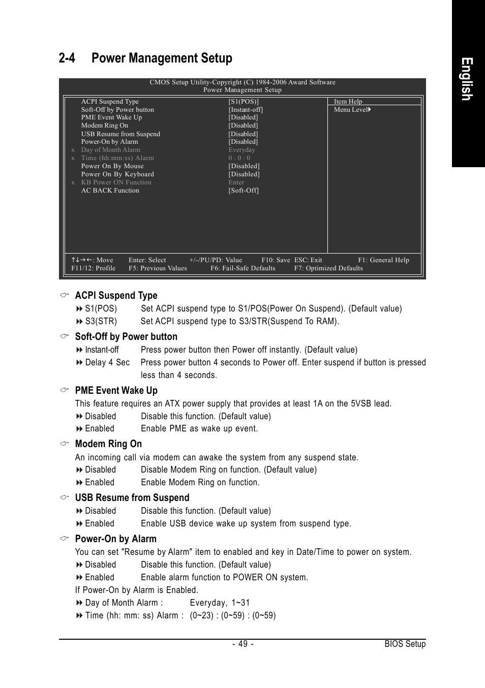 English, 4 power management setup, Acpi suspend type | Soft-off by power button, Pme event wake up, Modem ring on, Usb resume from suspend, Power-on by alarm | GIGABYTE AMD Socket AM2 Processor Motherboard GA-M59SLI-S5 User Manual | Page 49 / 120