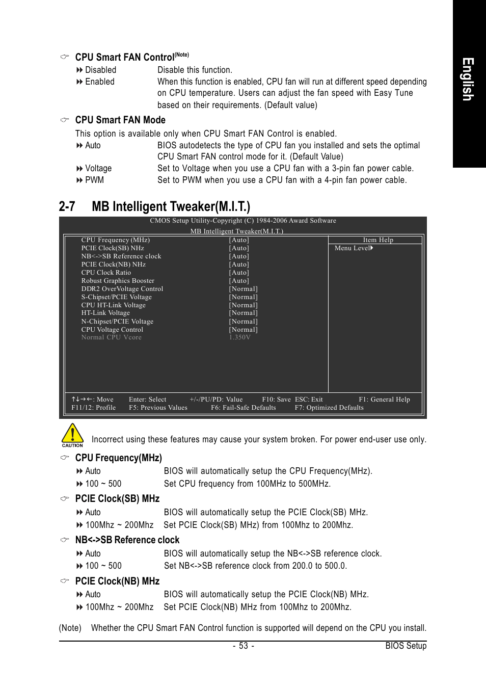English, 7 mb intelligent tweaker(m.i.t.), Cpu frequency(mhz) | Pcie clock(sb) mhz, Nb<->sb reference clock, Pcie clock(nb) mhz, Cpu smart fan control, Cpu smart fan mode | GIGABYTE AMD Socket AM2 Processor Motherboard GA-M59SLI-S5 User Manual | Page 53 / 120