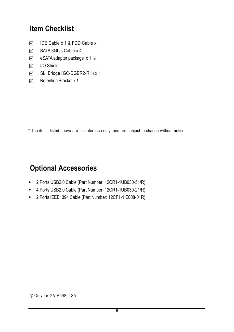 Item checklist, Optional accessories | GIGABYTE AMD Socket AM2 Processor Motherboard GA-M59SLI-S5 User Manual | Page 6 / 120