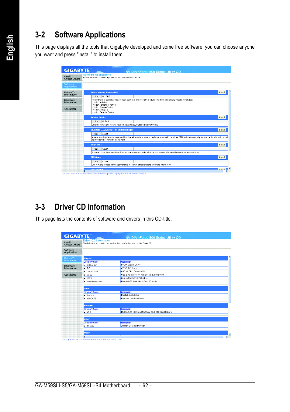 English, 2 software applications, 3 driver cd information | GIGABYTE AMD Socket AM2 Processor Motherboard GA-M59SLI-S5 User Manual | Page 62 / 120