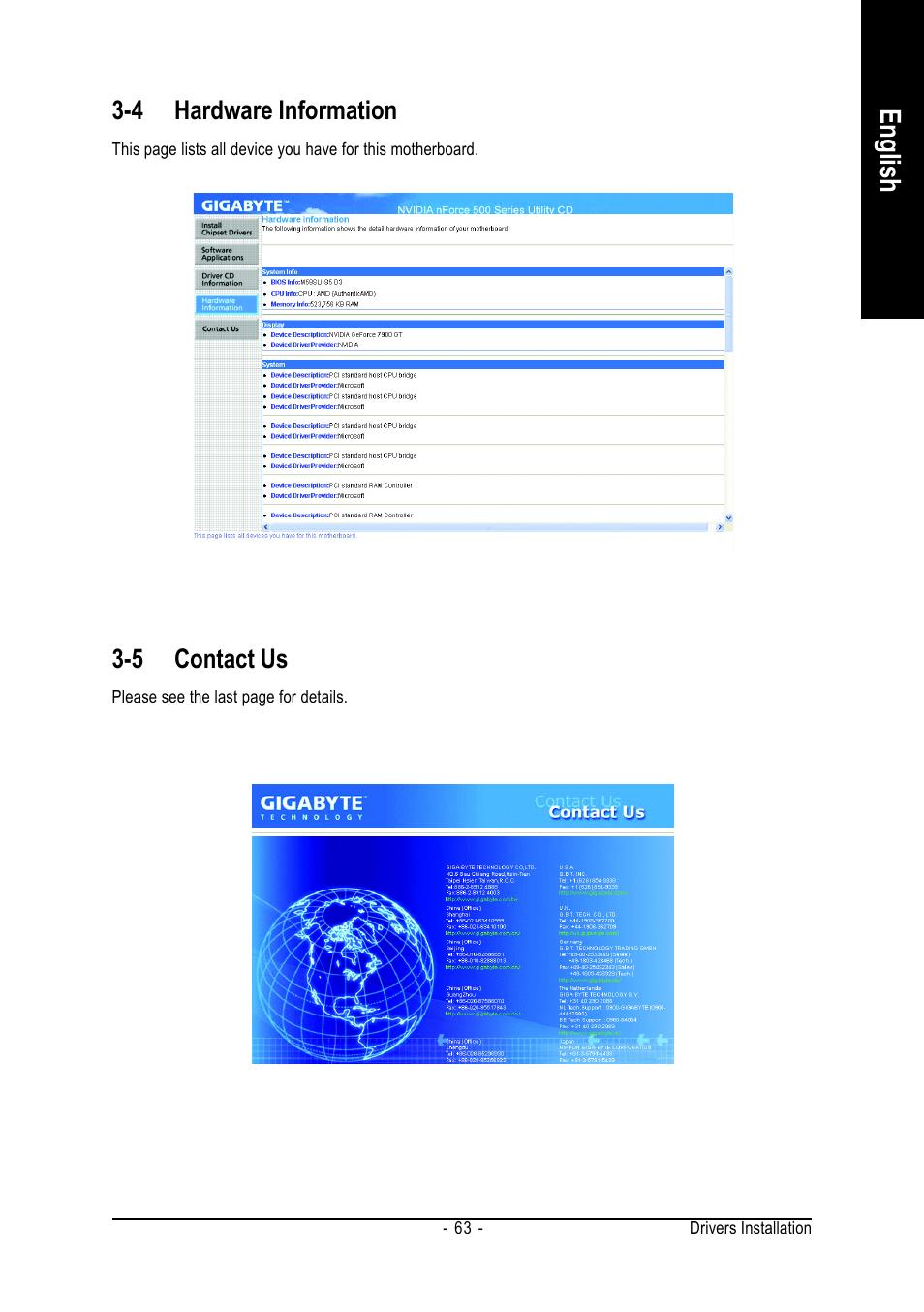 English, 4 hardware information, 5 contact us | GIGABYTE AMD Socket AM2 Processor Motherboard GA-M59SLI-S5 User Manual | Page 63 / 120