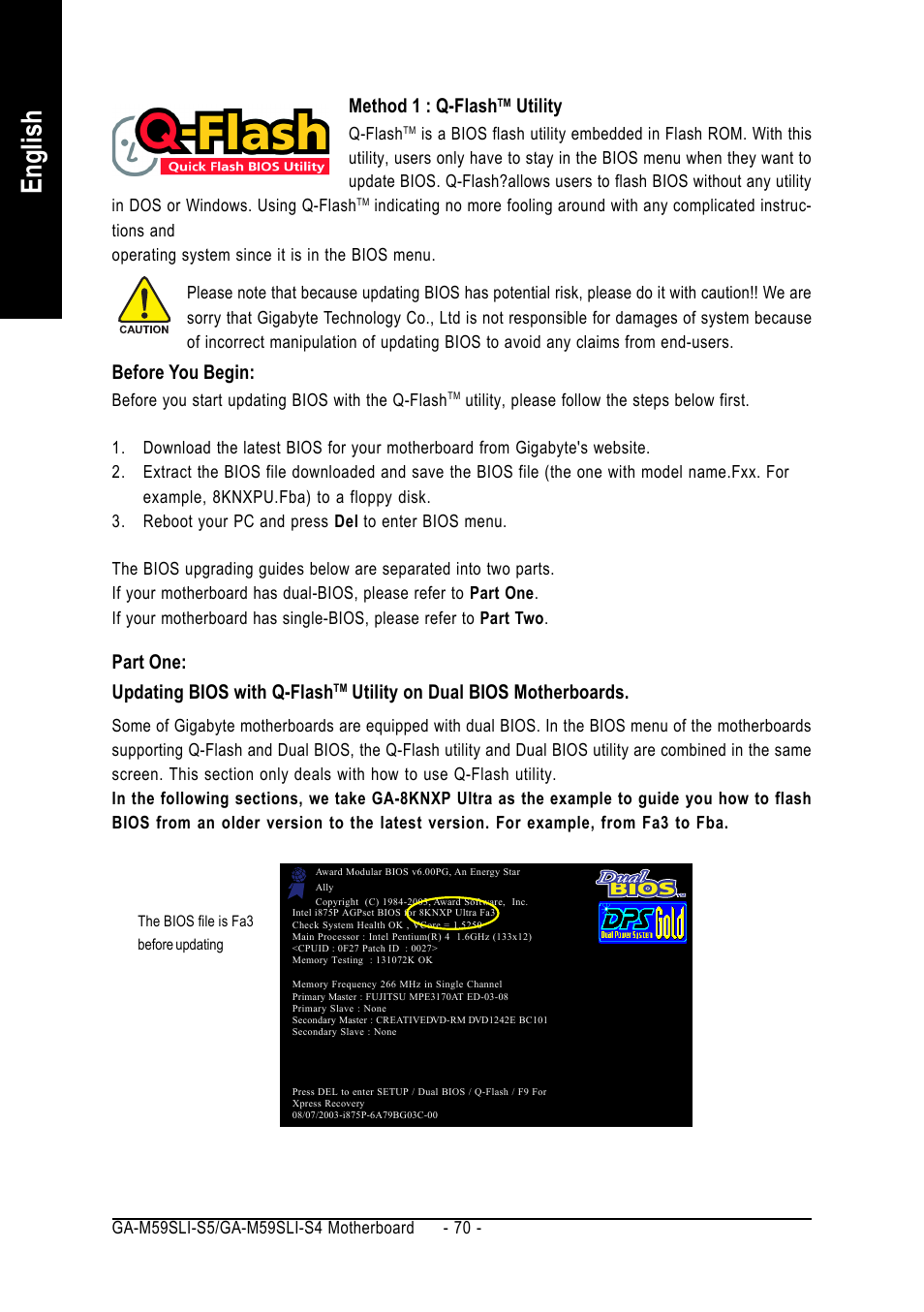 English, Method 1 : q-flash, Utility | Before you begin, Part one: updating bios with q-flash, Utility on dual bios motherboards | GIGABYTE AMD Socket AM2 Processor Motherboard GA-M59SLI-S5 User Manual | Page 70 / 120