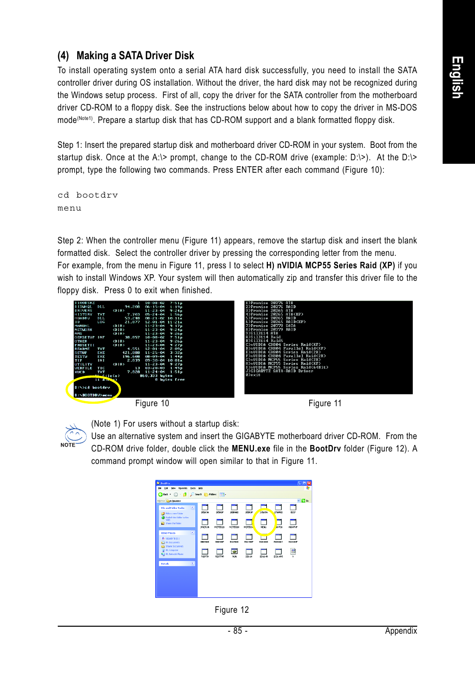 English, 4) making a sata driver disk | GIGABYTE AMD Socket AM2 Processor Motherboard GA-M59SLI-S5 User Manual | Page 85 / 120