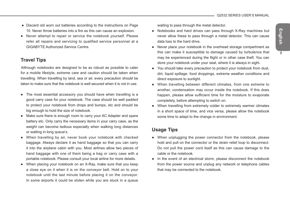 Travel tips, Usage tips | GIGABYTE Q2532 User Manual | Page 4 / 40