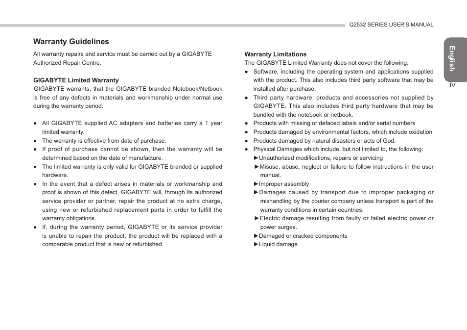 Warranty guidelines | GIGABYTE Q2532 User Manual | Page 6 / 40