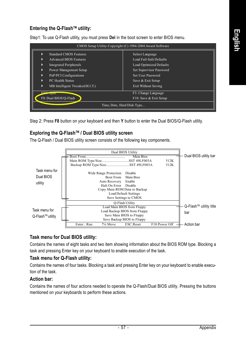 English, Entering the q-flash, Utility | Exploring the q-flash, Dual bios utility screen, Task menu for dual bios utility, Task menu for q-flash utility, Action bar | GIGABYTE GA-8I915P-MF User Manual | Page 57 / 80