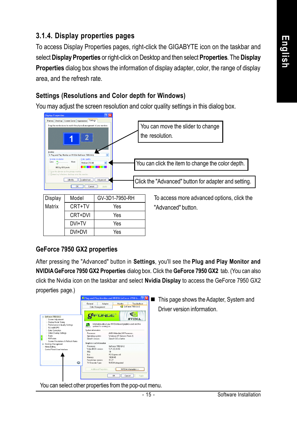 English, Display properties pages | GIGABYTE GV-3D1-7950-RH User Manual | Page 15 / 34