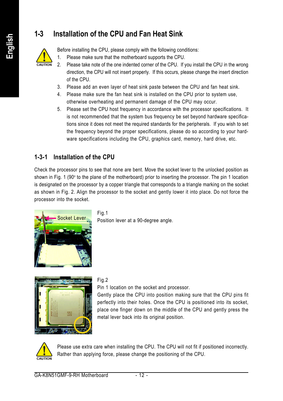 English, 3 installation of the cpu and fan heat sink | GIGABYTE GA-K8N51GMF-9-RH User Manual | Page 12 / 88