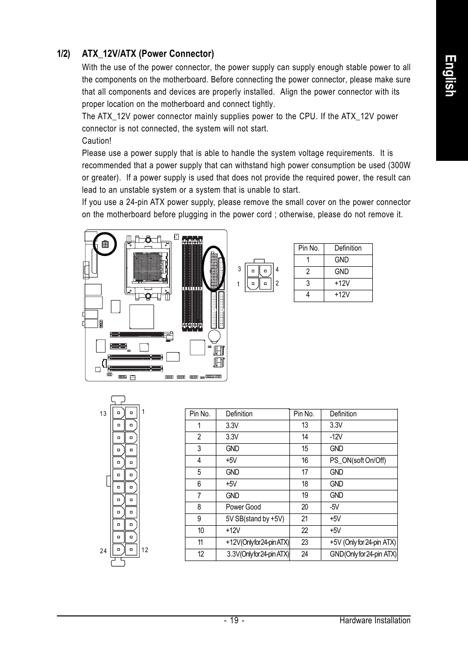 English, 1/2) atx_12v/atx (power connector) | GIGABYTE GA-K8N51GMF-9-RH User Manual | Page 19 / 88