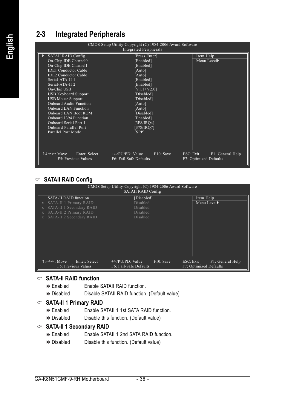 English, 3 integrated peripherals, Sataii raid config sata-ii raid function | Sata-ii 1 primary raid, Sata-ii 1 secondary raid | GIGABYTE GA-K8N51GMF-9-RH User Manual | Page 36 / 88