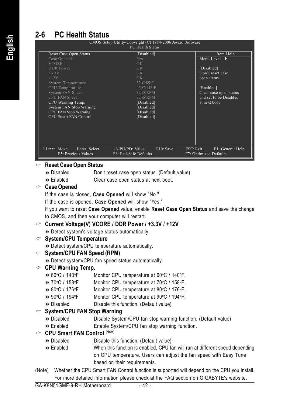English, 6 pc health status, Reset case open status | Case opened, System/cpu temperature, System/cpu fan speed (rpm), Cpu warning temp, System/cpu fan stop warning, Cpu smart fan control | GIGABYTE GA-K8N51GMF-9-RH User Manual | Page 42 / 88