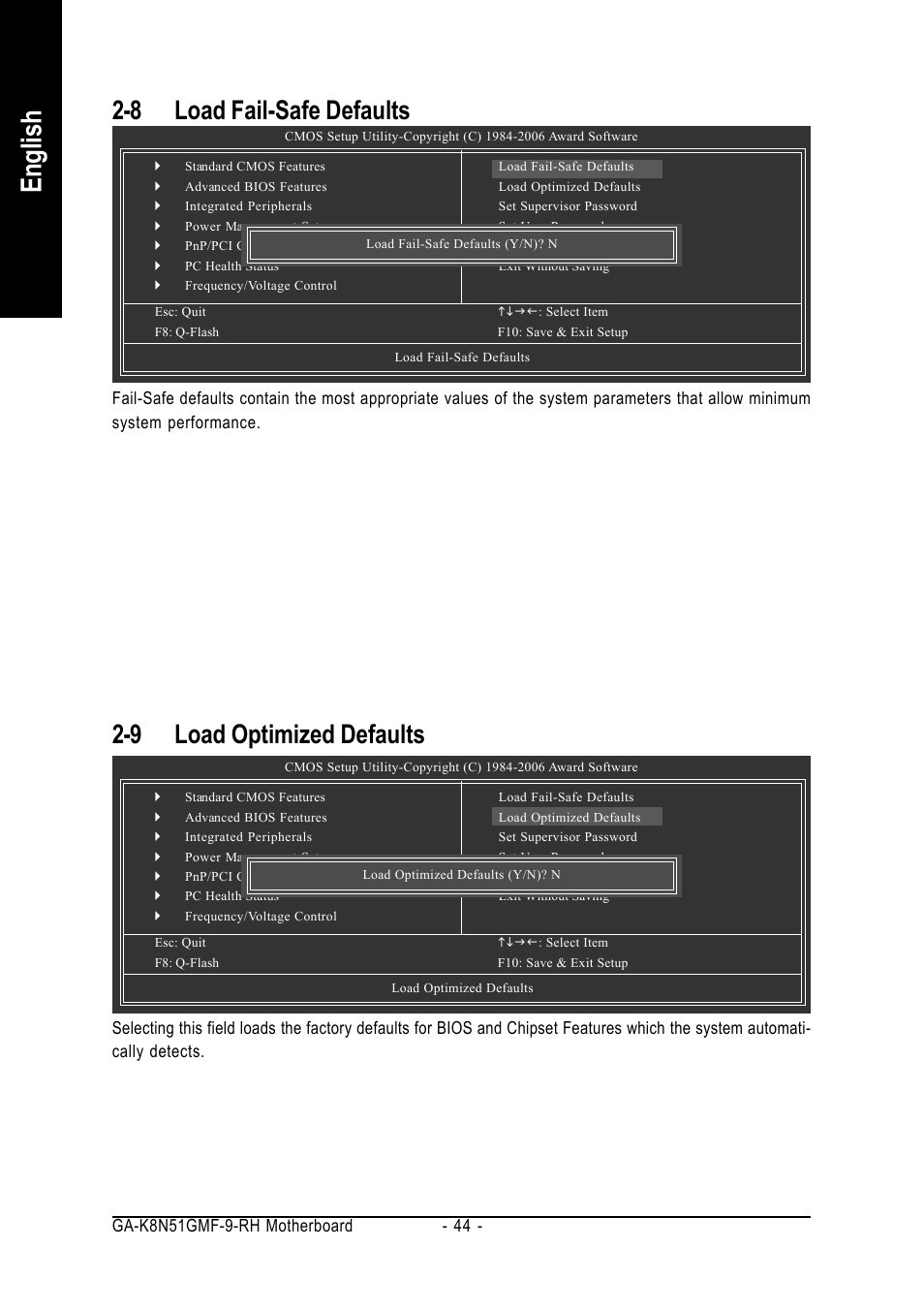 English, 8 load fail-safe defaults, 9 load optimized defaults | GIGABYTE GA-K8N51GMF-9-RH User Manual | Page 44 / 88