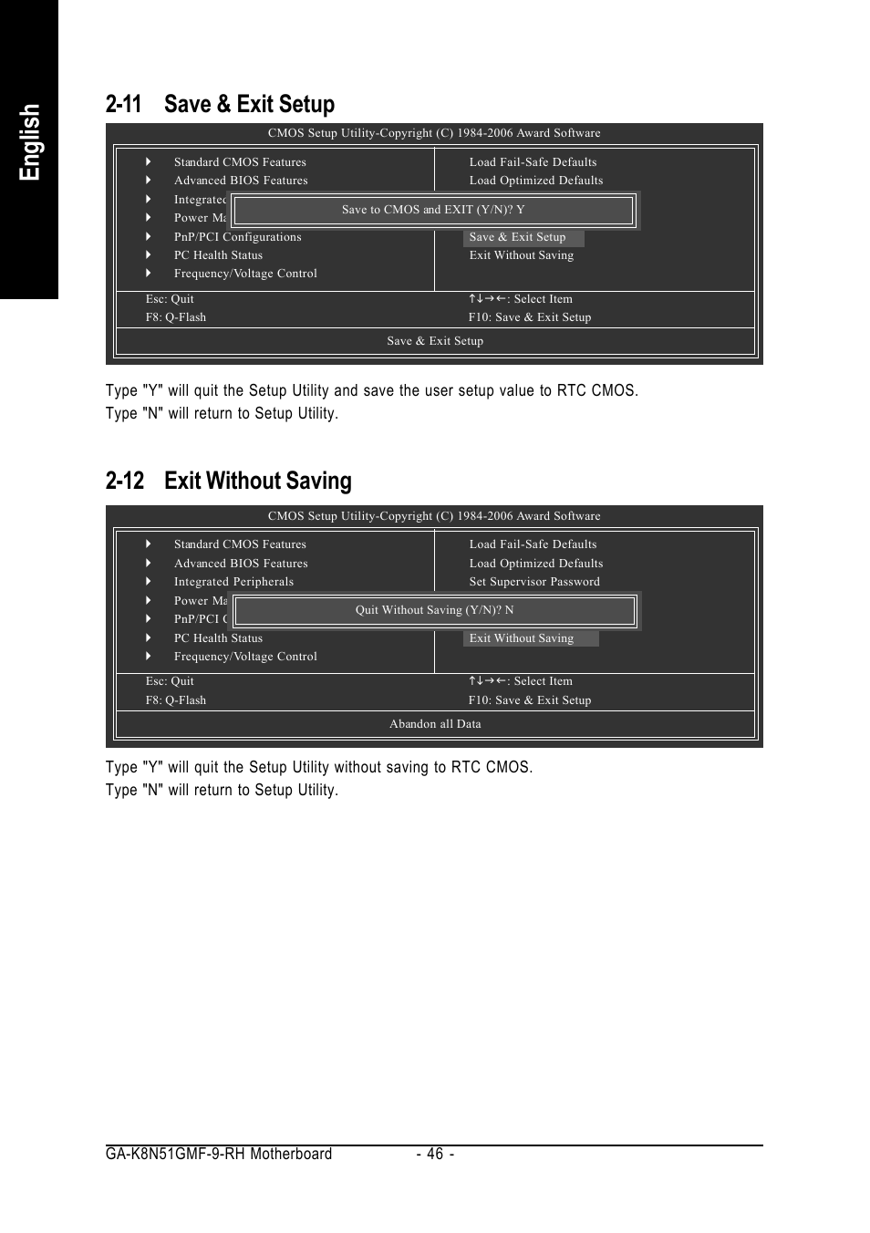 English, 11 save & exit setup, 12 exit without saving | GIGABYTE GA-K8N51GMF-9-RH User Manual | Page 46 / 88