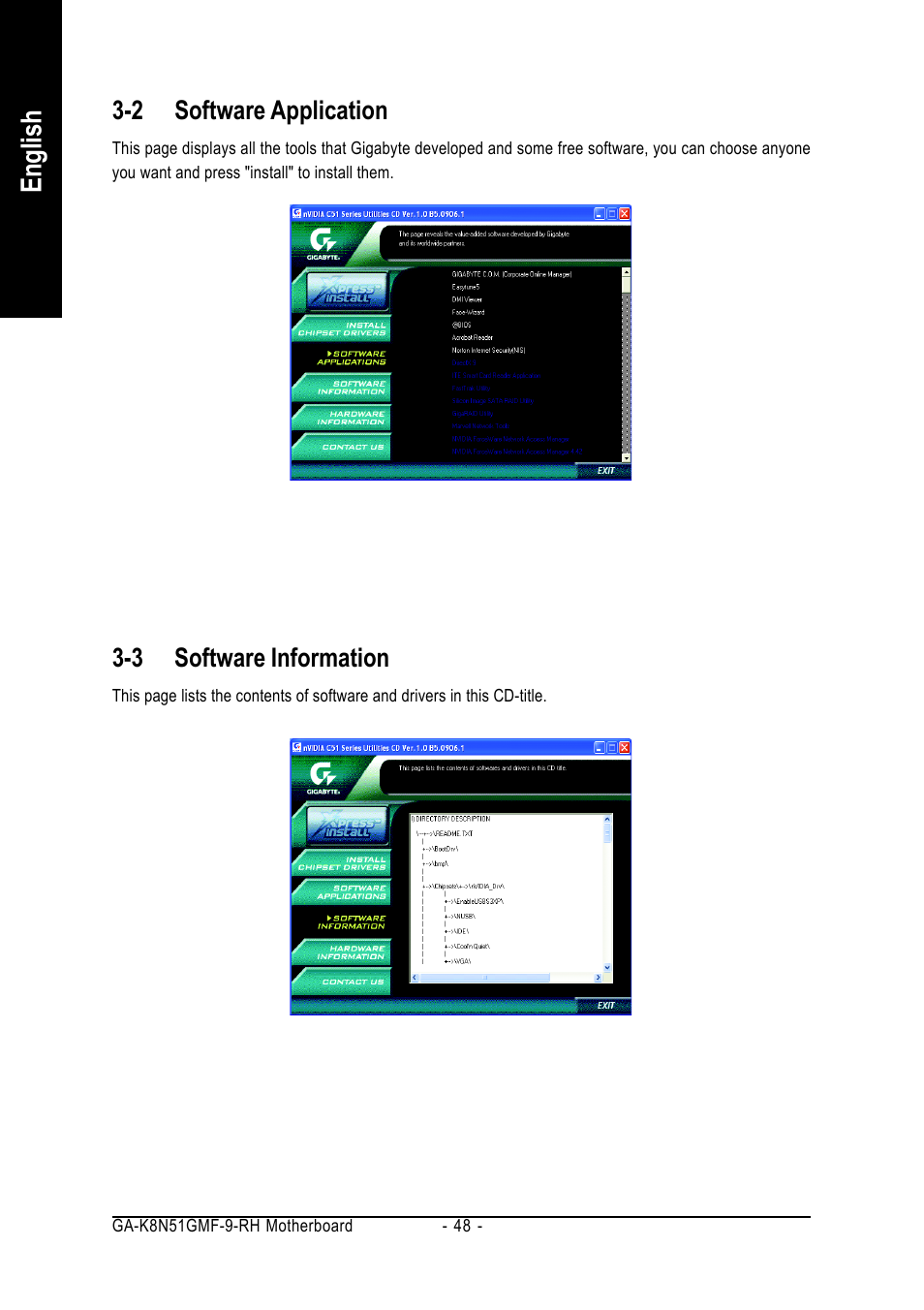 English, 2 software application, 3 software information | GIGABYTE GA-K8N51GMF-9-RH User Manual | Page 48 / 88
