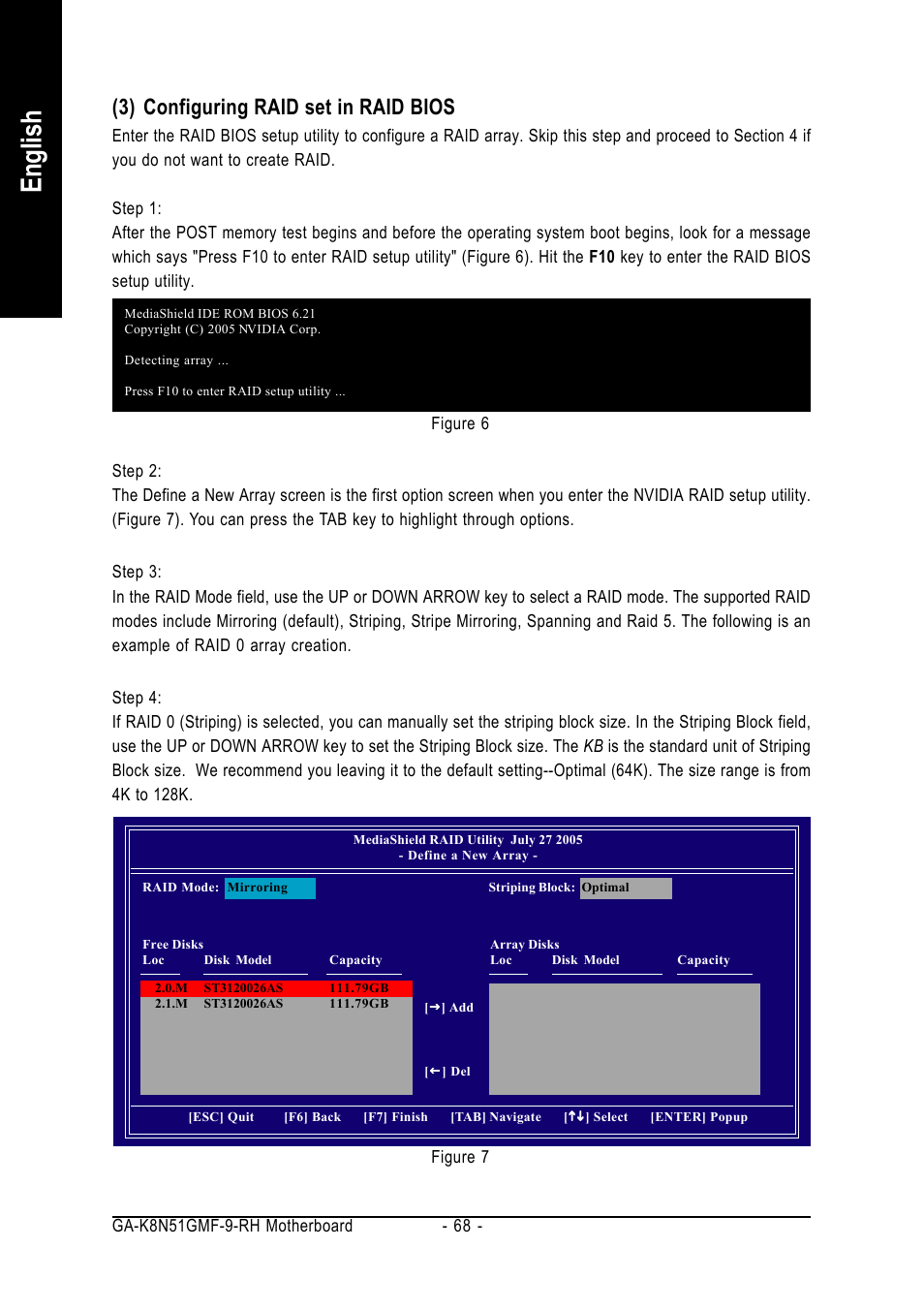 English, 3) configuring raid set in raid bios | GIGABYTE GA-K8N51GMF-9-RH User Manual | Page 68 / 88
