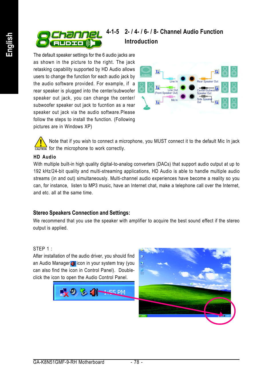 English, Stereo speakers connection and settings | GIGABYTE GA-K8N51GMF-9-RH User Manual | Page 78 / 88