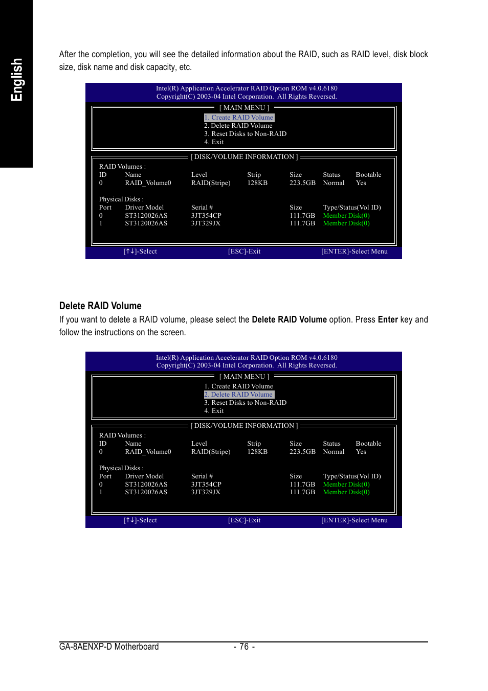 English, Delete raid volume, Ga-8aenxp-d motherboard - 76 | GIGABYTE GA-8AENXP-D User Manual | Page 76 / 88