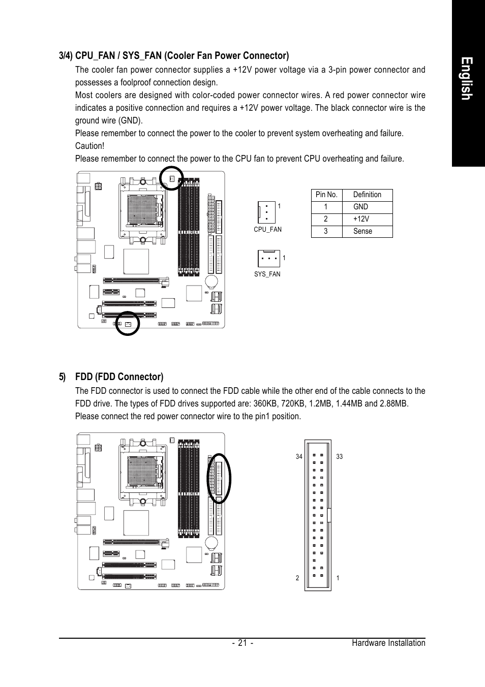 English, 5) fdd (fdd connector) | GIGABYTE GA-K8N51PVMT-9-RH User Manual | Page 21 / 88