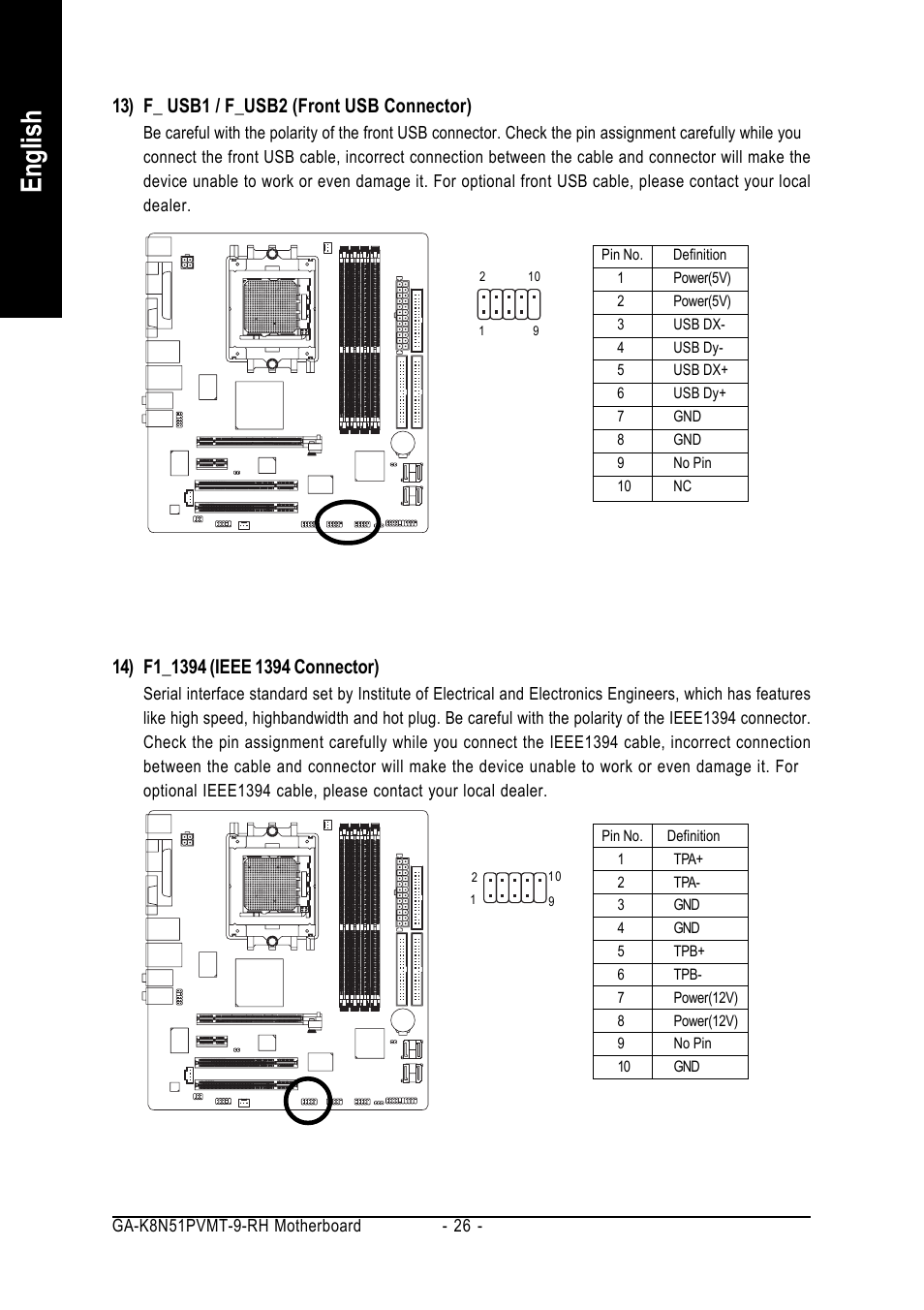 English, 13) f_ usb1 / f_usb2 (front usb connector) | GIGABYTE GA-K8N51PVMT-9-RH User Manual | Page 26 / 88