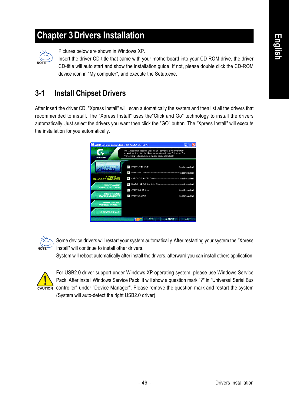 Chapter 3drivers installation, English, 1 install chipset drivers | GIGABYTE GA-K8N51PVMT-9-RH User Manual | Page 49 / 88