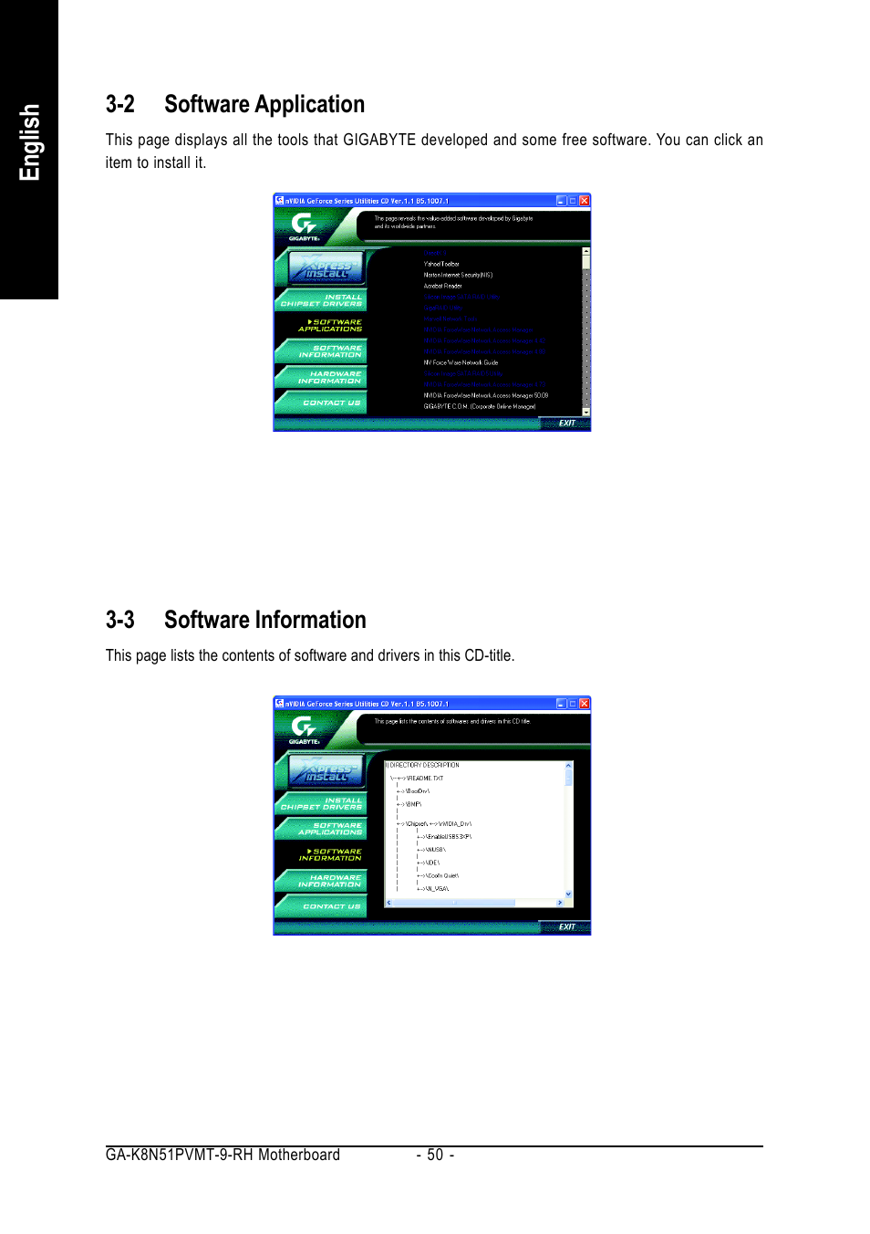 English, 2 software application, 3 software information | GIGABYTE GA-K8N51PVMT-9-RH User Manual | Page 50 / 88