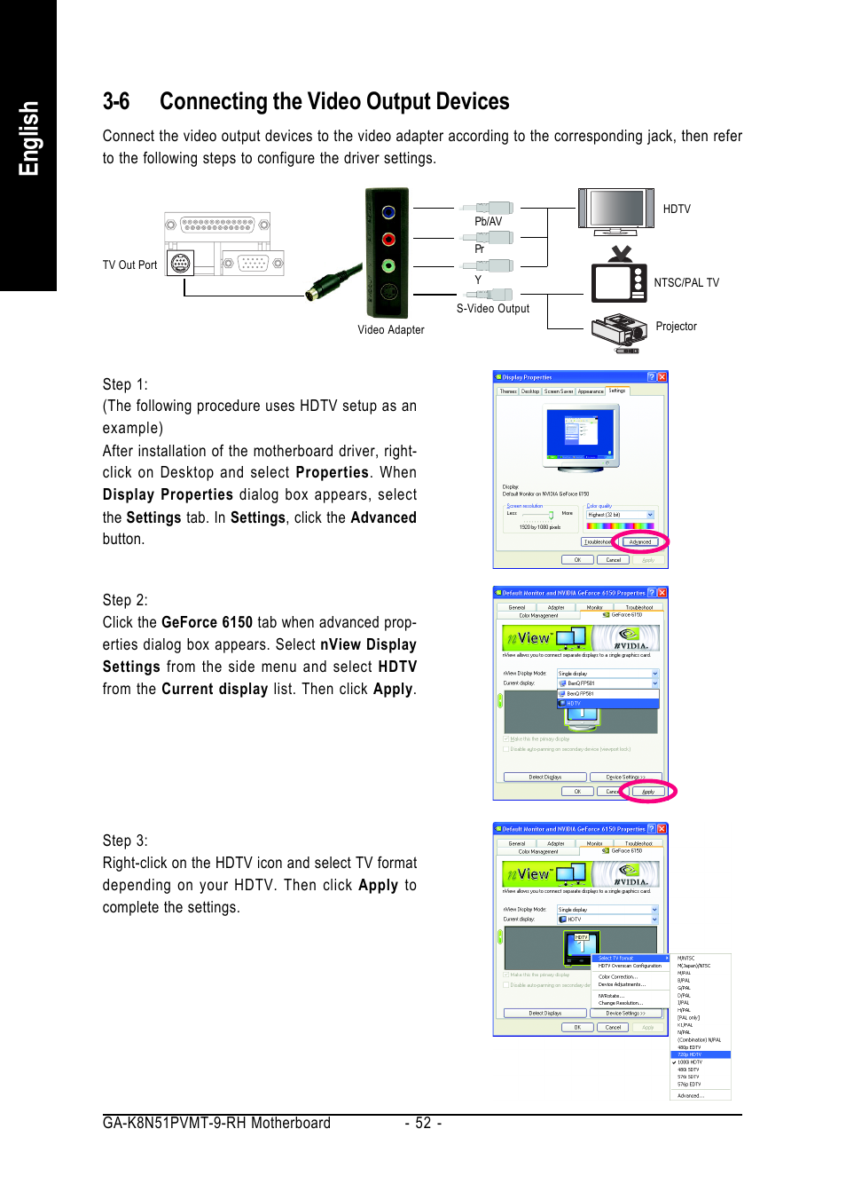 English, 6 connecting the video output devices | GIGABYTE GA-K8N51PVMT-9-RH User Manual | Page 52 / 88