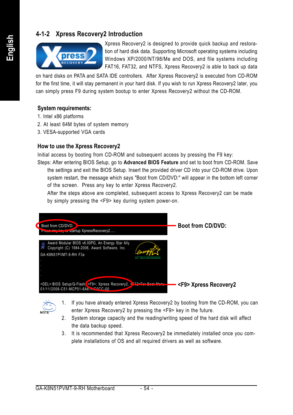 English, 1-2 xpress recovery2 introduction | GIGABYTE GA-K8N51PVMT-9-RH User Manual | Page 54 / 88