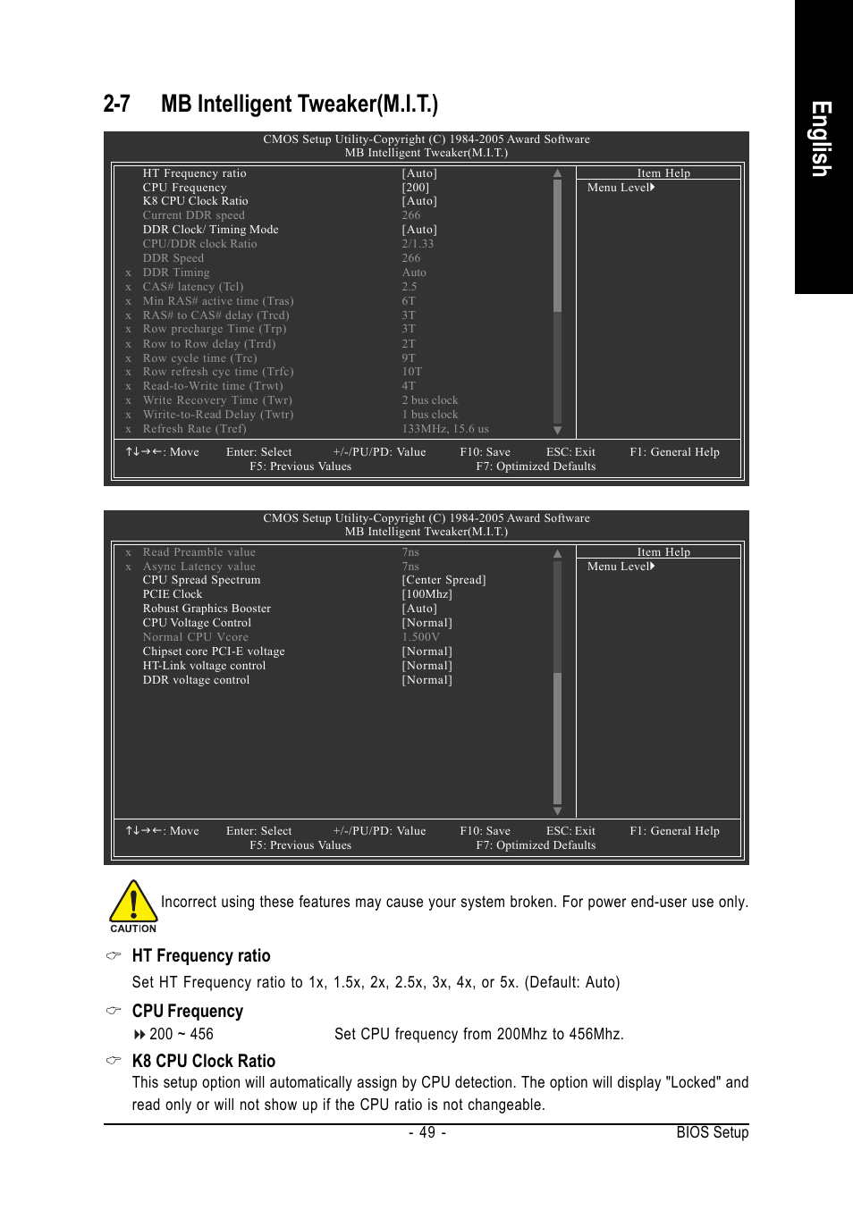 English, 7 mb intelligent tweaker(m.i.t.), Ht frequency ratio | Cpu frequency, K8 cpu clock ratio, Bios setup - 49 | GIGABYTE GA-K8N-SLI User Manual | Page 49 / 88
