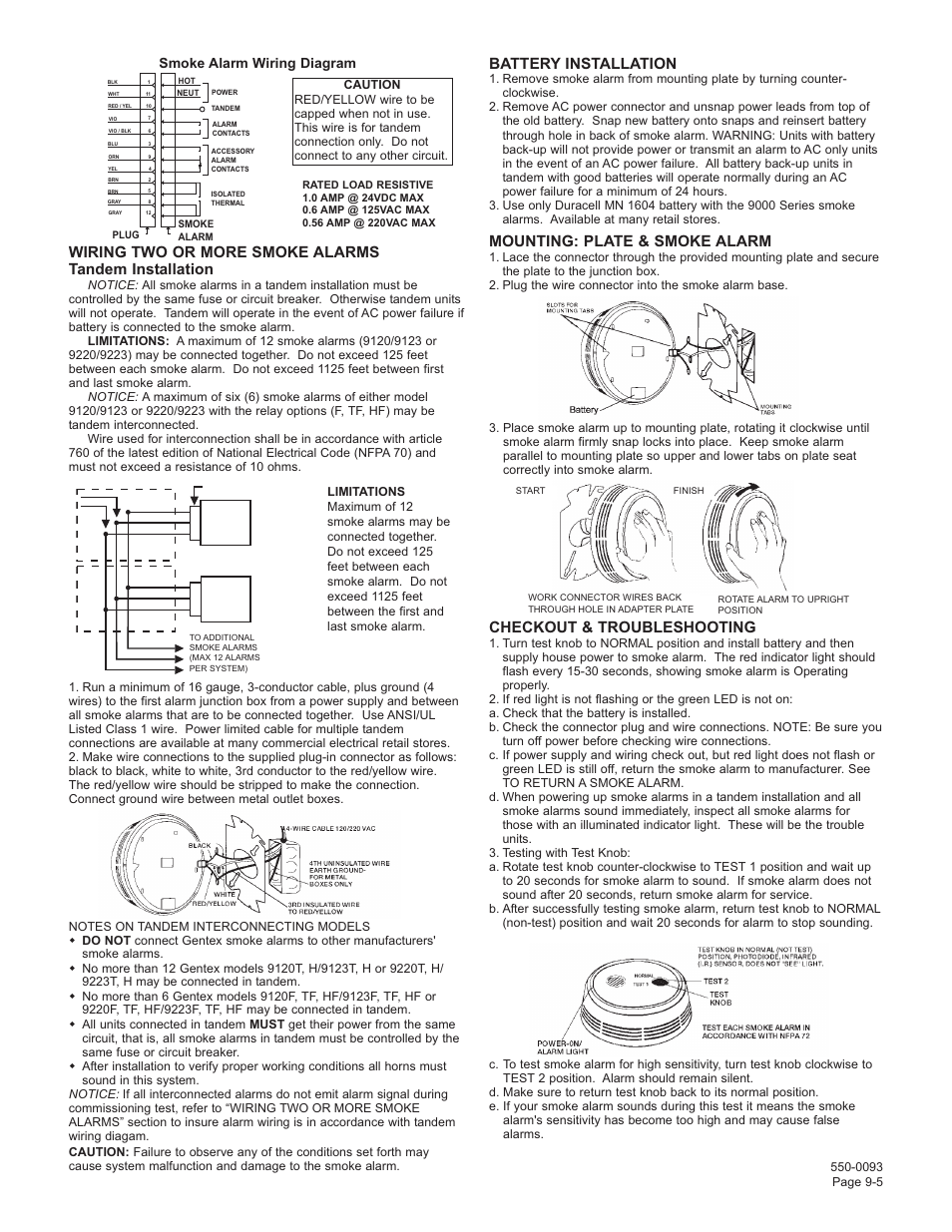 Battery installation, Mounting: plate & smoke alarm, Checkout & troubleshooting | Smoke alarm wiring diagram | Gentek photoelectric smoke alarm 9120 User Manual | Page 5 / 6