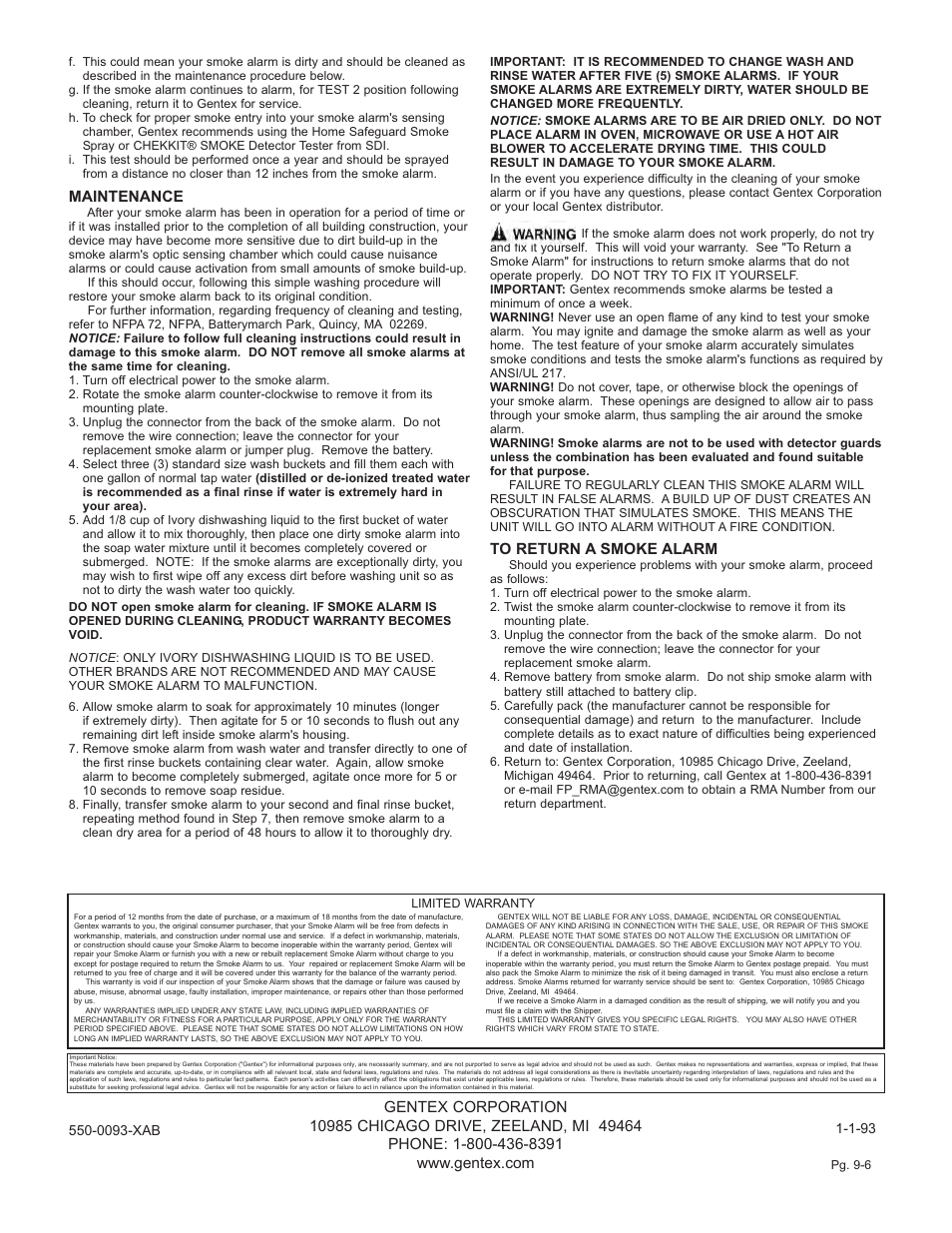 Maintenance | Gentek photoelectric smoke alarm 9120 User Manual | Page 6 / 6