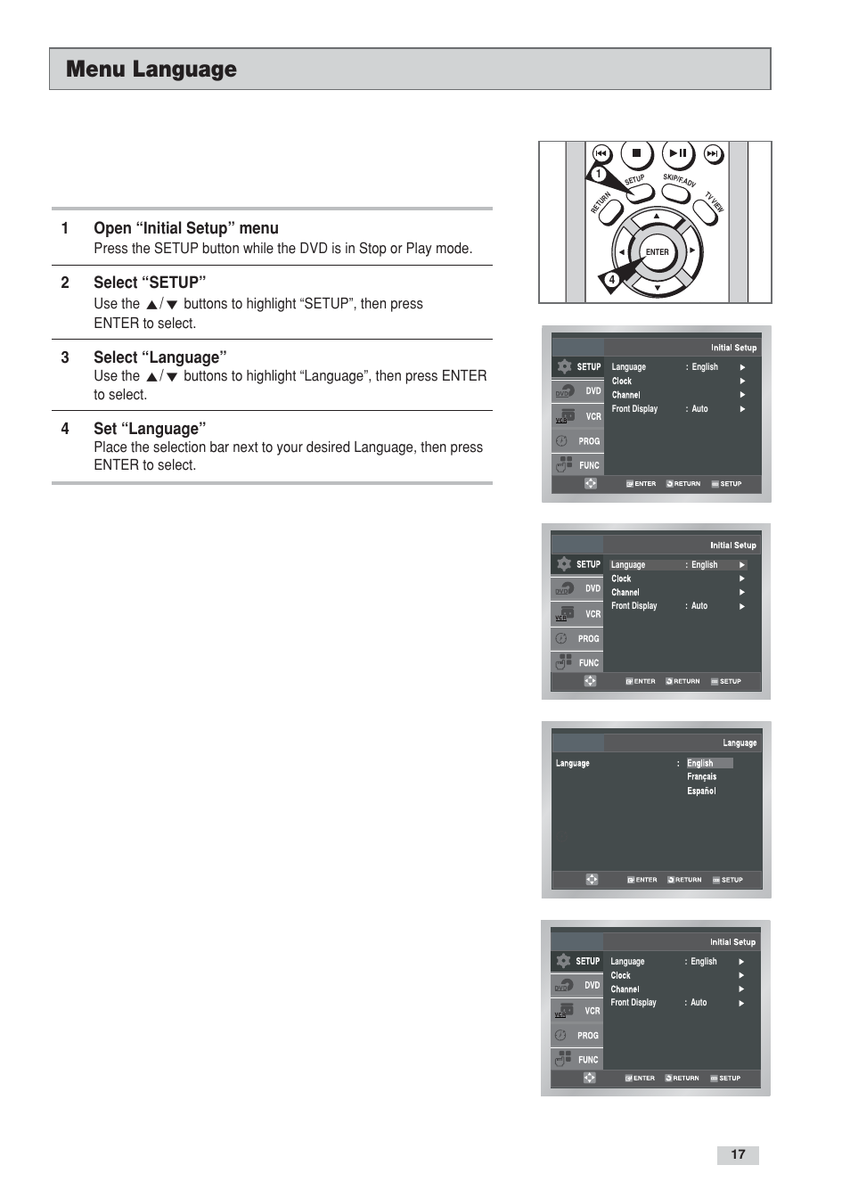 Menu language, 1open “initial setup” menu, 2select “setup | 3select “language, 4set “language, Use the | Go-Video DV2130 User Manual | Page 17 / 66
