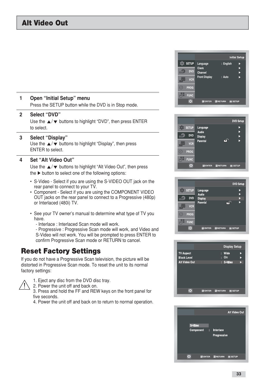 Alt video out, Reset factory settings | Go-Video DV2130 User Manual | Page 33 / 66