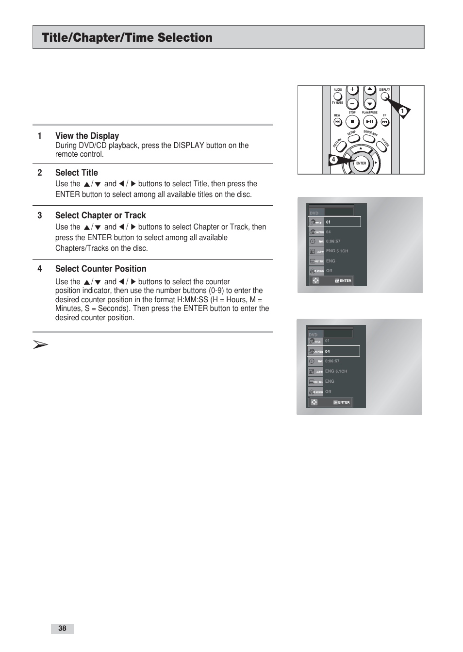 Title/chapter/time selection, 1view the display, 2select title | 3select chapter or track, 4select counter position | Go-Video DV2130 User Manual | Page 38 / 66