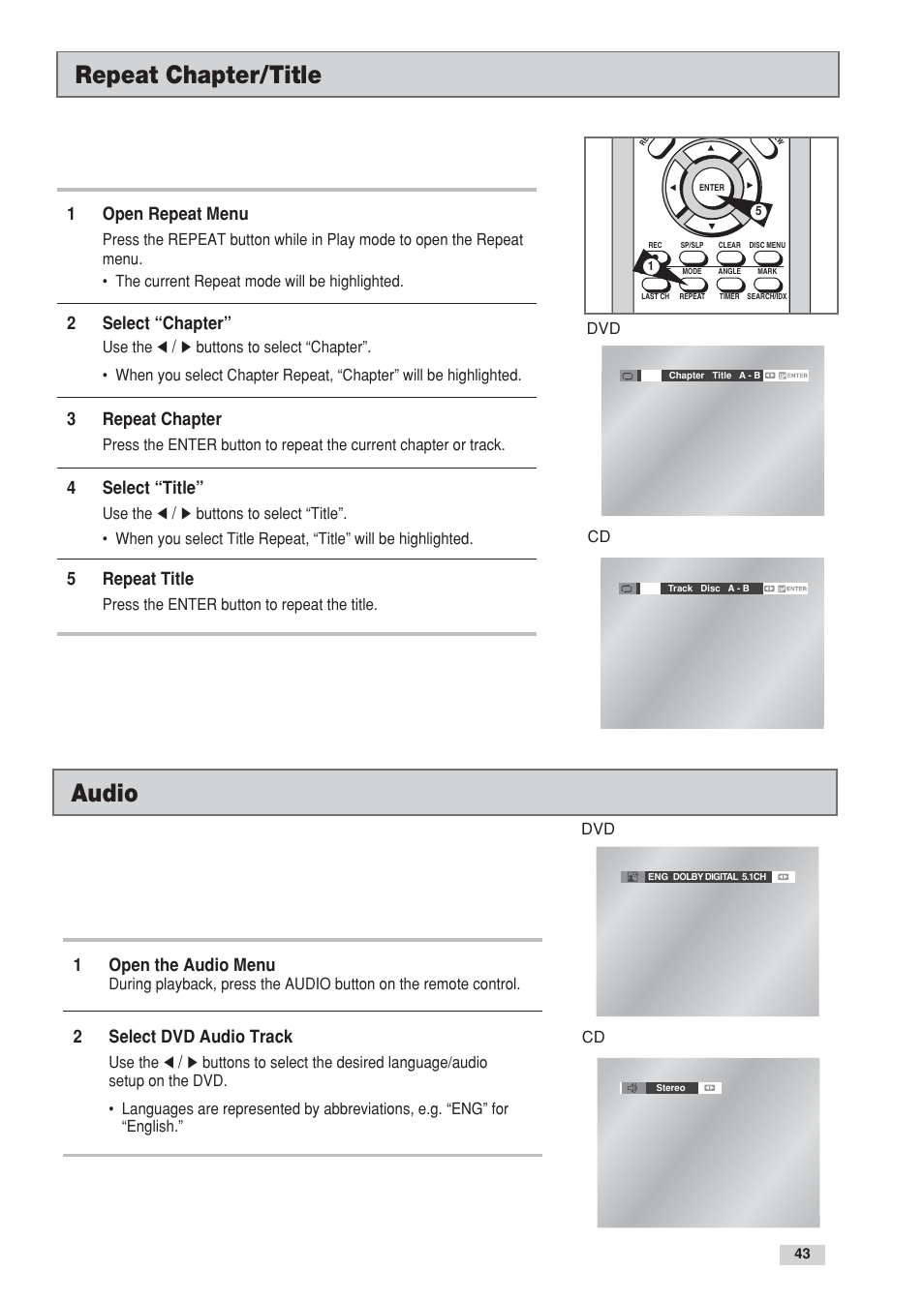 Audio, Repeat chapter/title, 1open the audio menu | 2select dvd audio track, 1open repeat menu, 2select “chapter, 3repeat chapter, 4select “title, 5repeat title | Go-Video DV2130 User Manual | Page 43 / 66